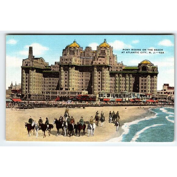 Atlantic City NJ Postcard Pony Riding On The Beach Traymore Hotel Linen 1949 - Picture 1 of 2